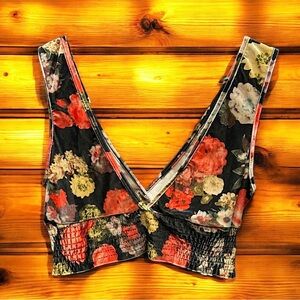 Together Floral V-Neck Crop Top - Black and Red LARGE